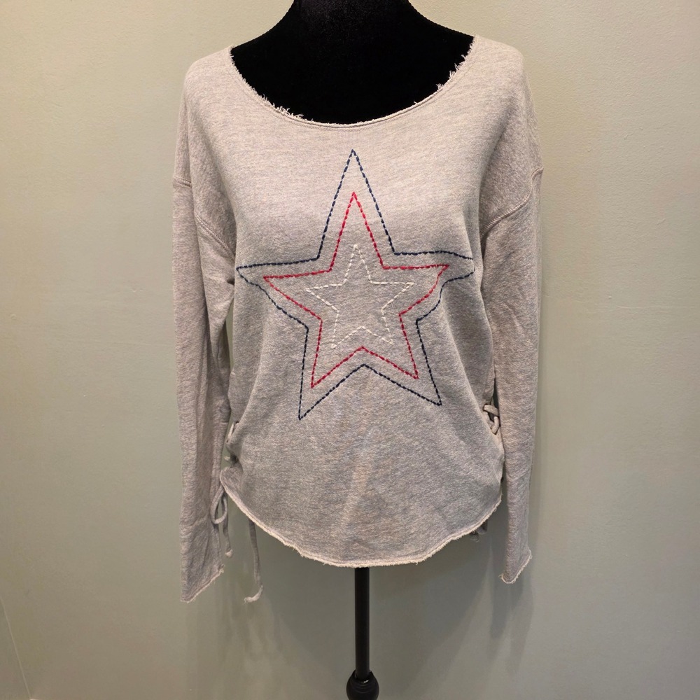 Sundry Womens Star Embroidered Lace Up Side Sweatshirt Gray Size 1